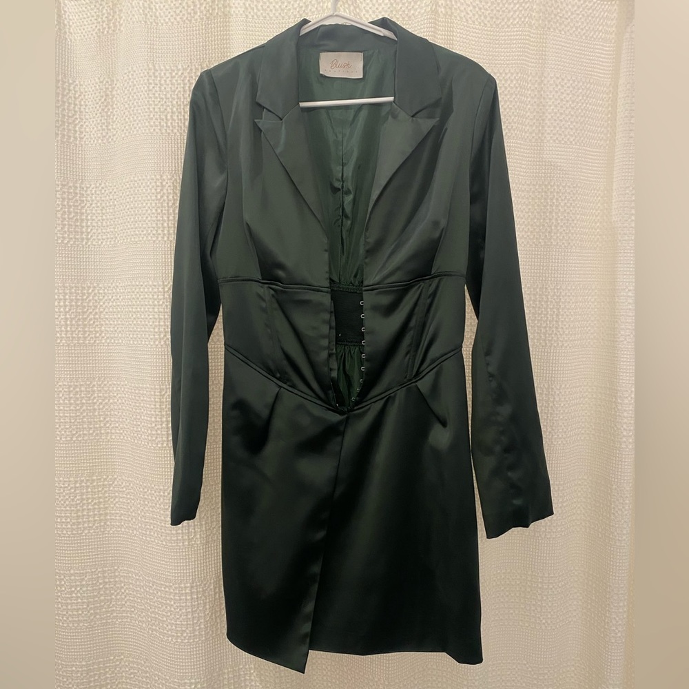 Blush boutique- dark green satin long sleeve dress with corset